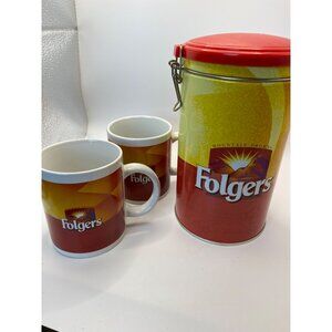 Vintage Folgers Coffee Ceramic Mugs & Metal Storage Tin Set w/Coffee